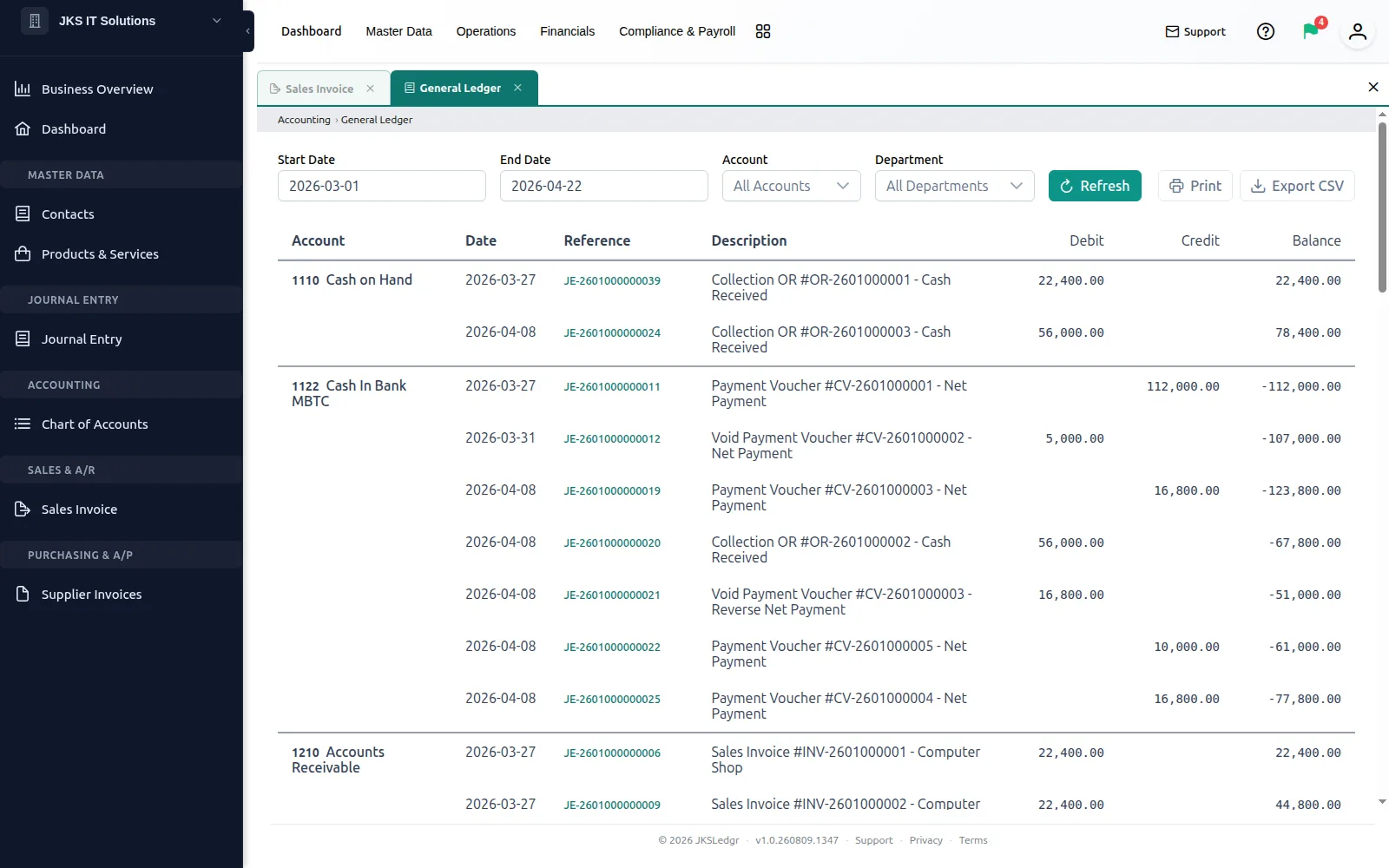 The JKSLedgr general ledger report listing accounts with dated journal entry references, descriptions, debits, credits and a running balance
