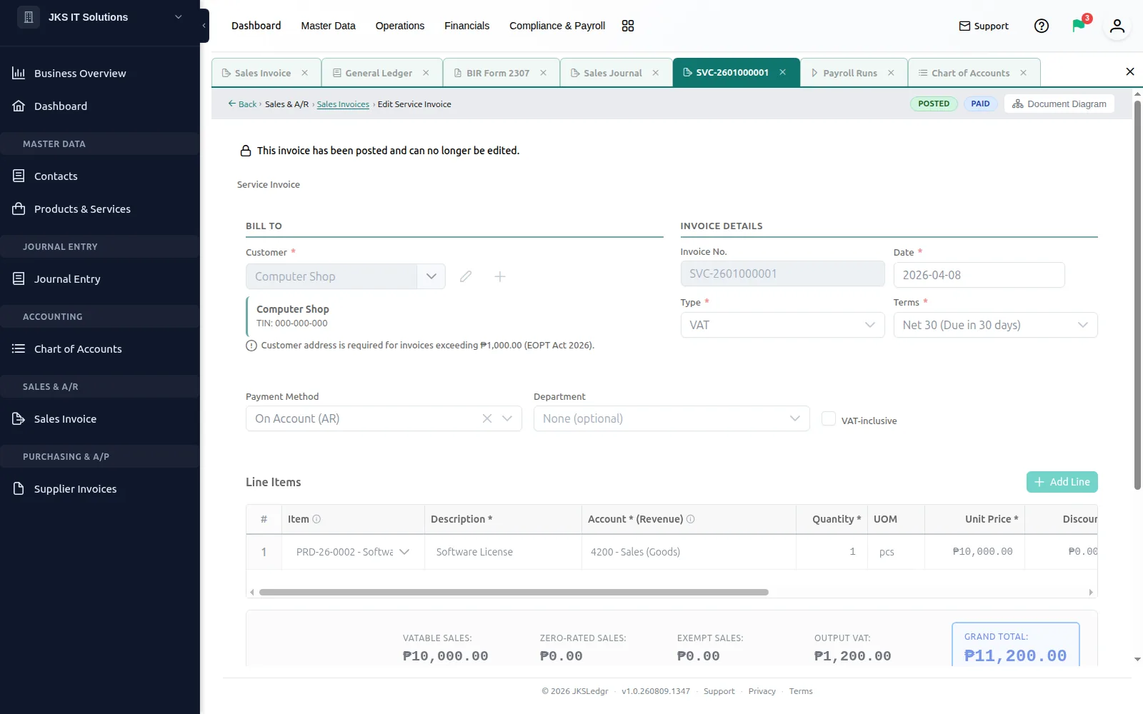 A posted JKSLedgr sales invoice showing the customer, VAT-inclusive line items, the revenue account each line posts to, and the output VAT breakdown